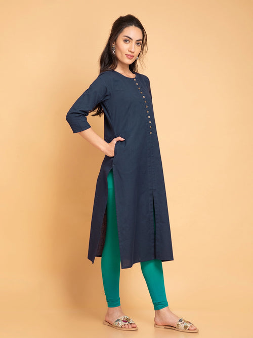 Linen Blend Long Kurti with Metal Buttons