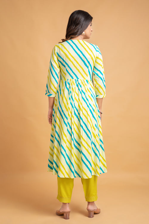 Lehariya Printed Flared Long Kurti with Pant