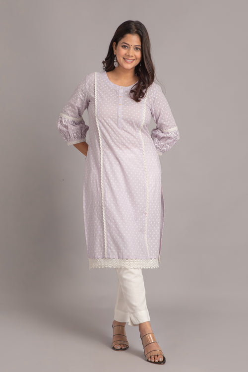 PRINTED MAL COTTON EMBELLISHEDWITH LACE DETAILED STRAIGHT KURTI