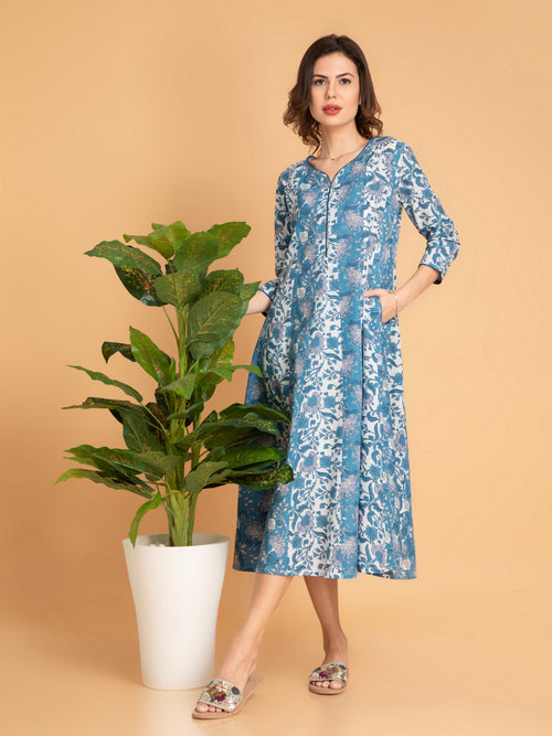 Mul Cotton Printed Kalidar Kurti with Zari Work