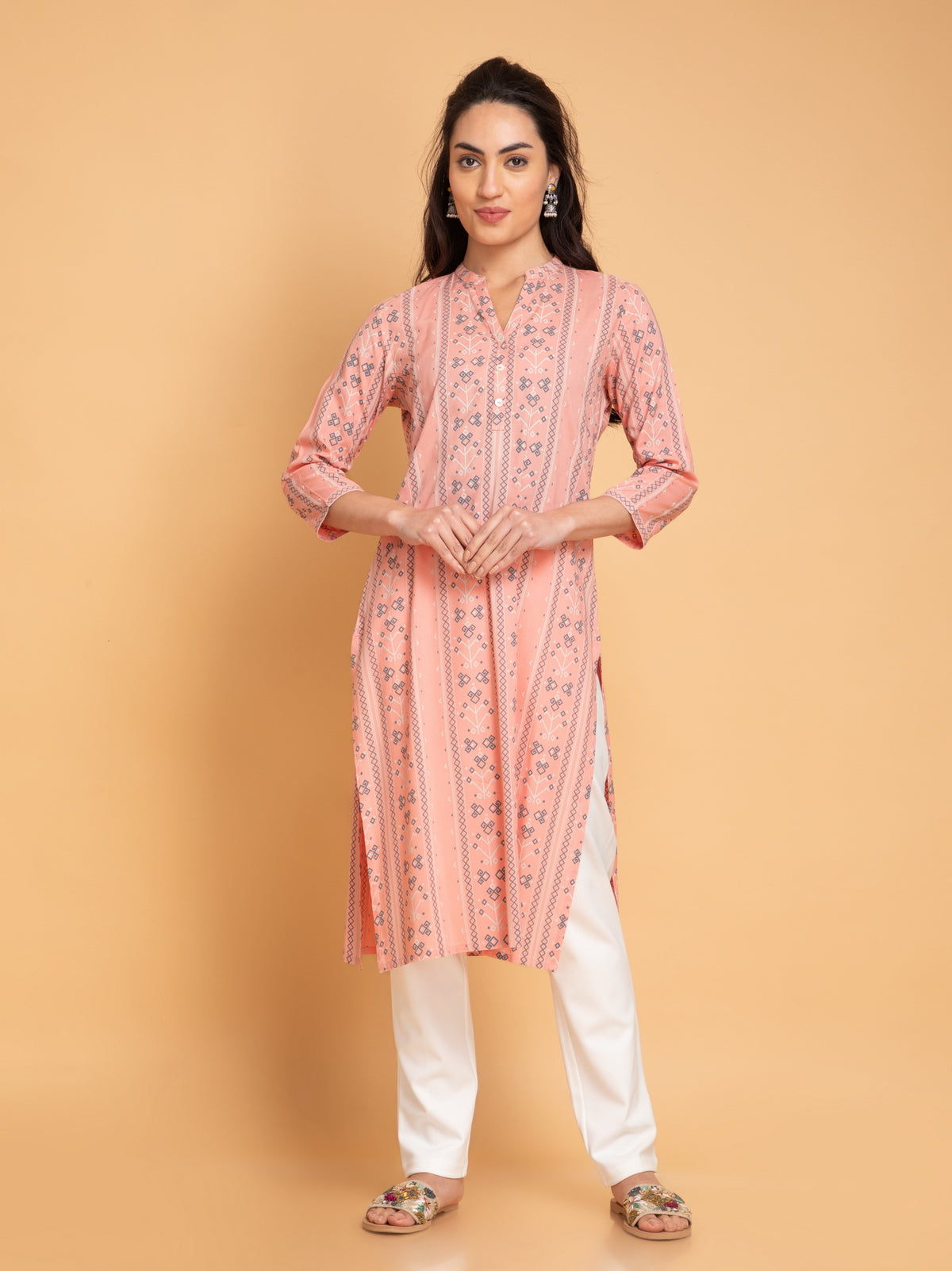 Rayon Staple Printed Stand Collar Kurta