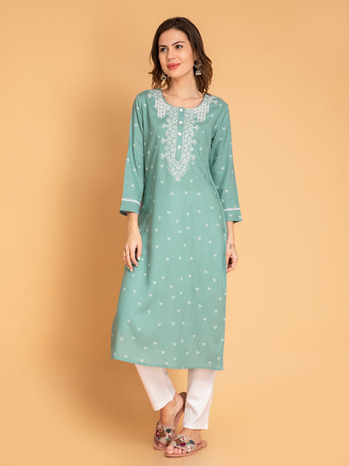 Viscose Blend Embroidered Straight Long Kurti