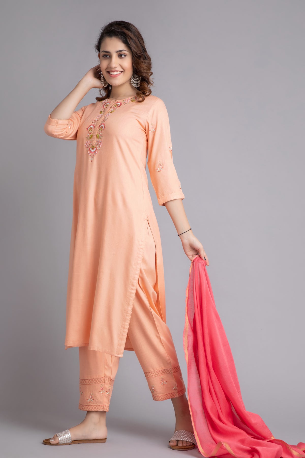 SOLID EMBROIDERED STRAIGHT KURTA AND PANT SET WITH DUPATTA