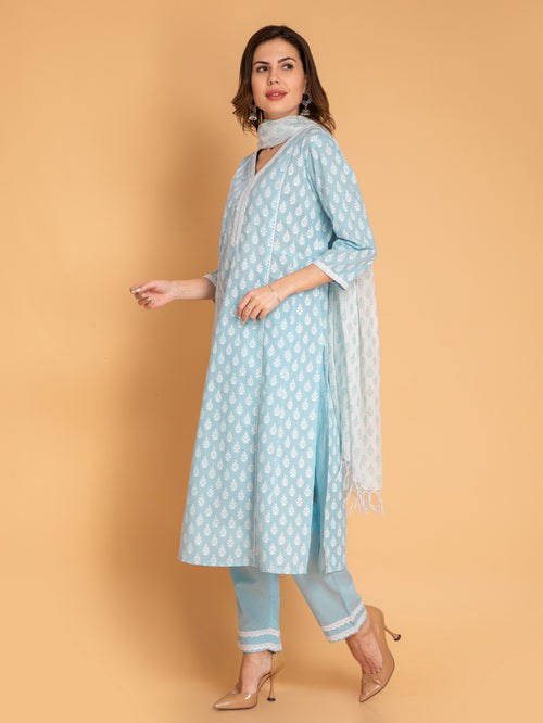 Mul Cotton Khadi Print 3 Pc Kurta Pant Set With Lace Details