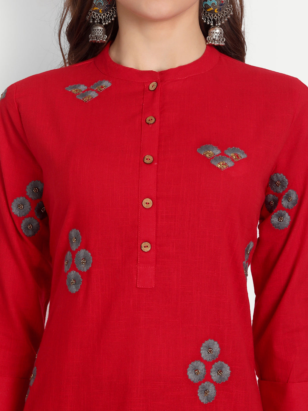 Cotton Slub Embroidered High-Low Long Kurti