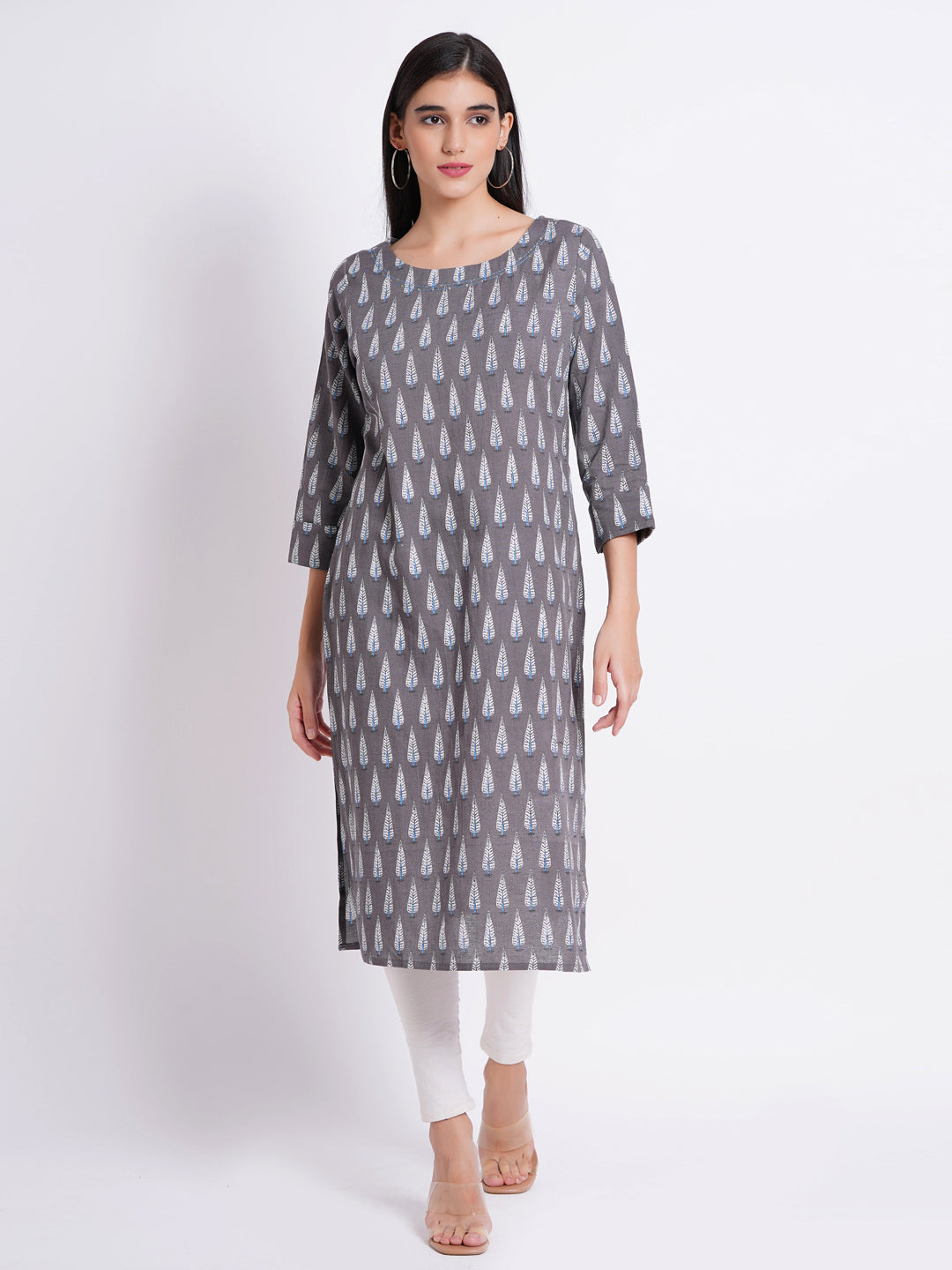 Rayon Linen Printed Boat Neck Kurti with Handwork Details