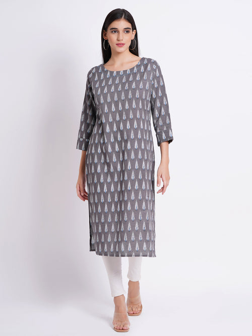 Rayon Linen Printed Boat Neck Kurti with Handwork Details