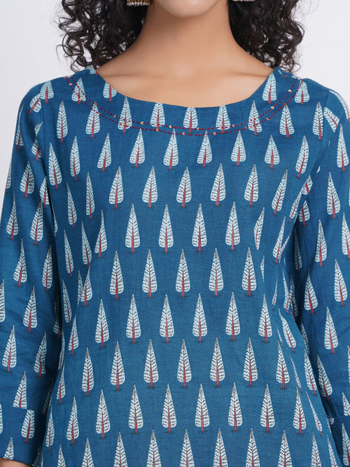 Rayon Linen Printed Boat Neck Kurti with Handwork Details