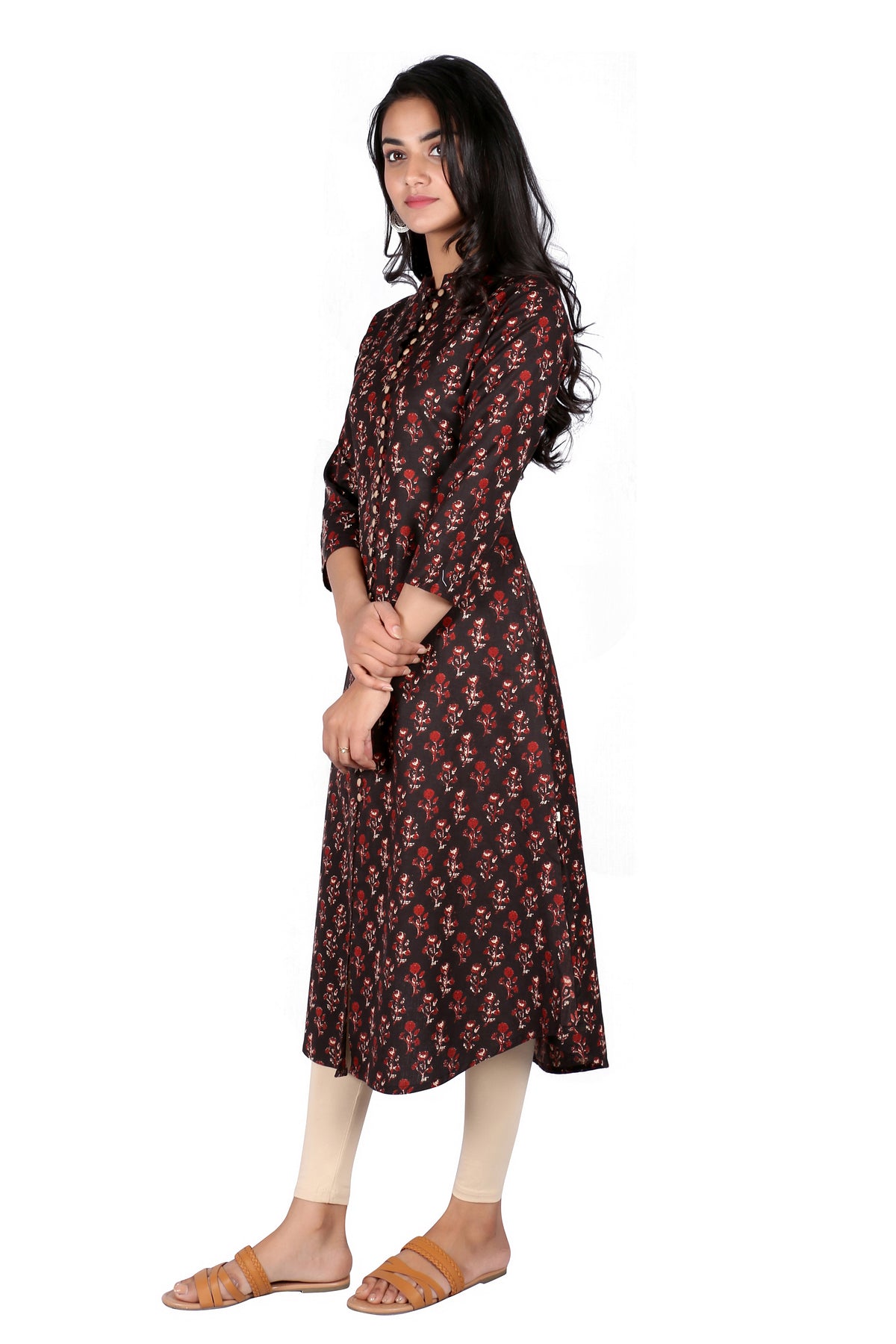 COTTON LINEN PRINTED A-LINE KURTI DETAILED WITH BUTTONS