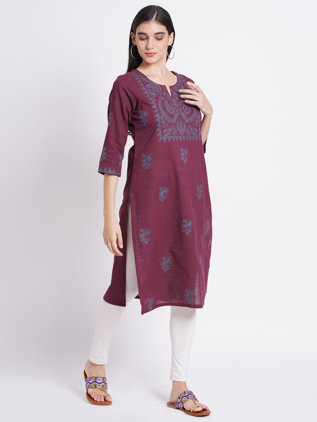 Cotton Slub Embroidered Long Kurti