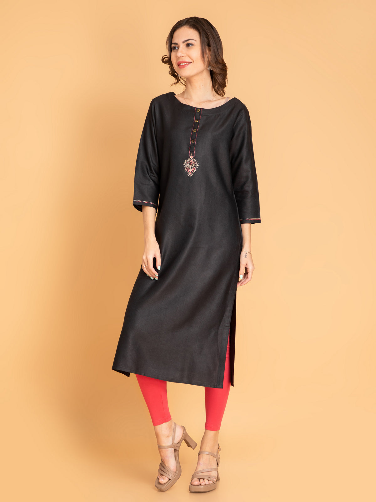 Black Embroidered Straight Long Kurti