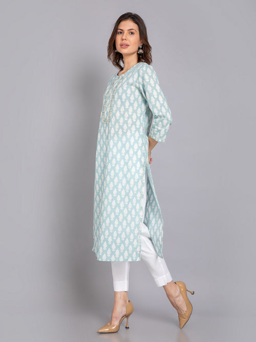 MUL-COTTON PRINTED KURTI WITH GOTA EMBROIDERY & LACE WITH EMBELLISHED DETAILS