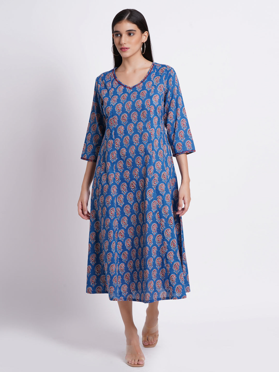 Printed Flared Long Kurti with Handcrafted Embellishments