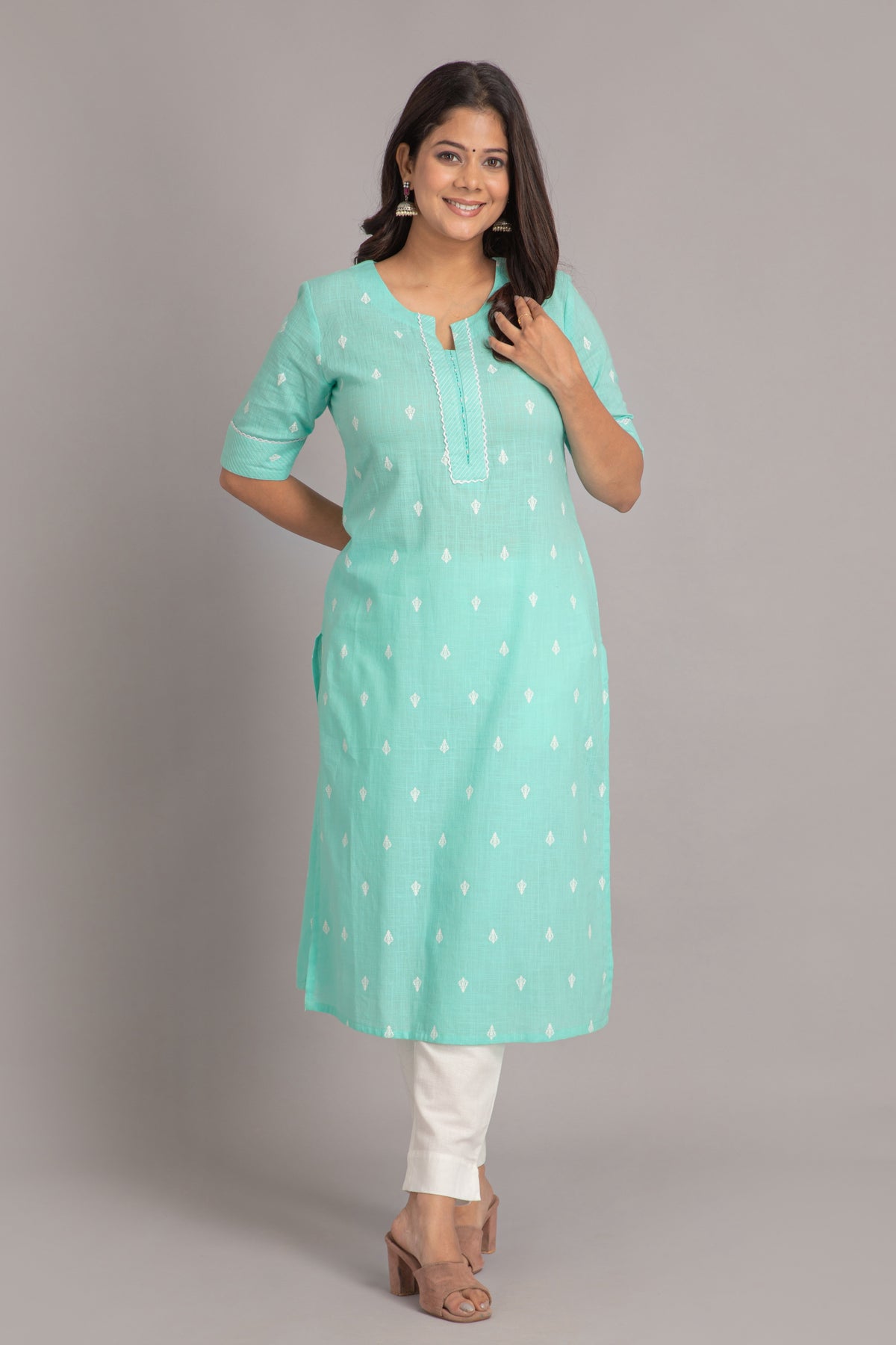 Printed Long Kurti with Embroidery & Bead Work