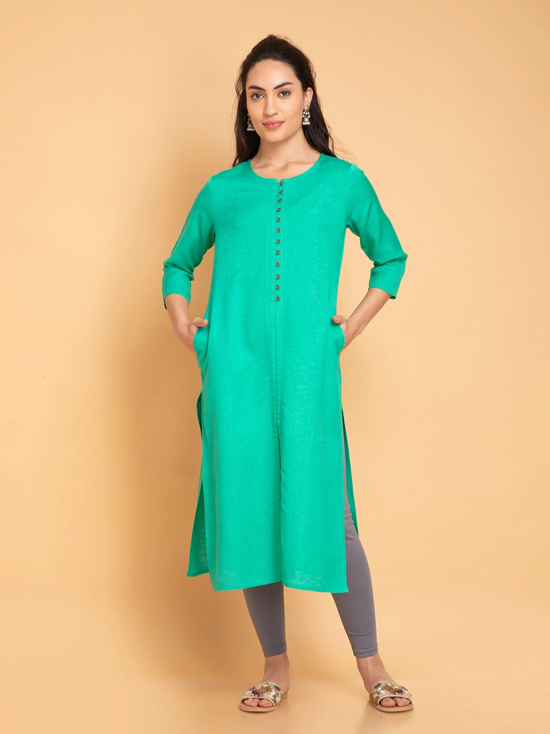 Linen Blend Long Kurti with Metal Buttons