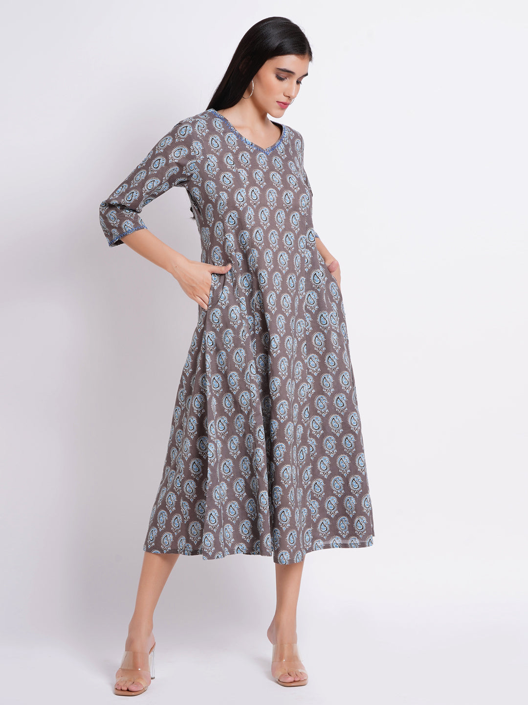 Printed Flared Long Kurti with Handcrafted Embellishments