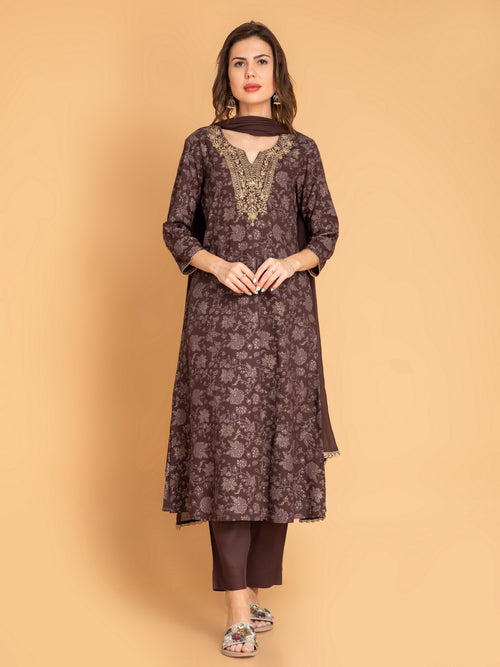 A-Line Gold Printed 3-Piece Kurta Set with Zari Embroidery