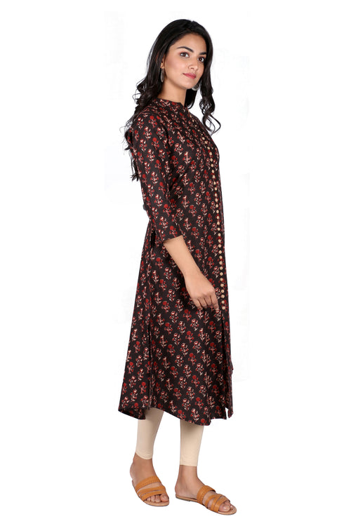 COTTON LINEN PRINTED A-LINE KURTI DETAILED WITH BUTTONS