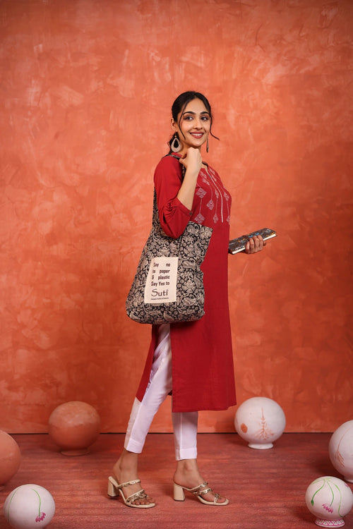 COTTON SLUB EMBROIDERED KURTI WITH SEQUENCE HIGHLIGHT