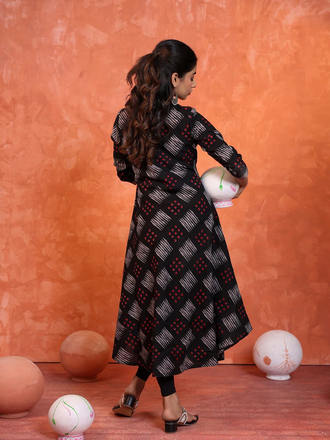 Women Black Color dabu-printed-long-bias-dress