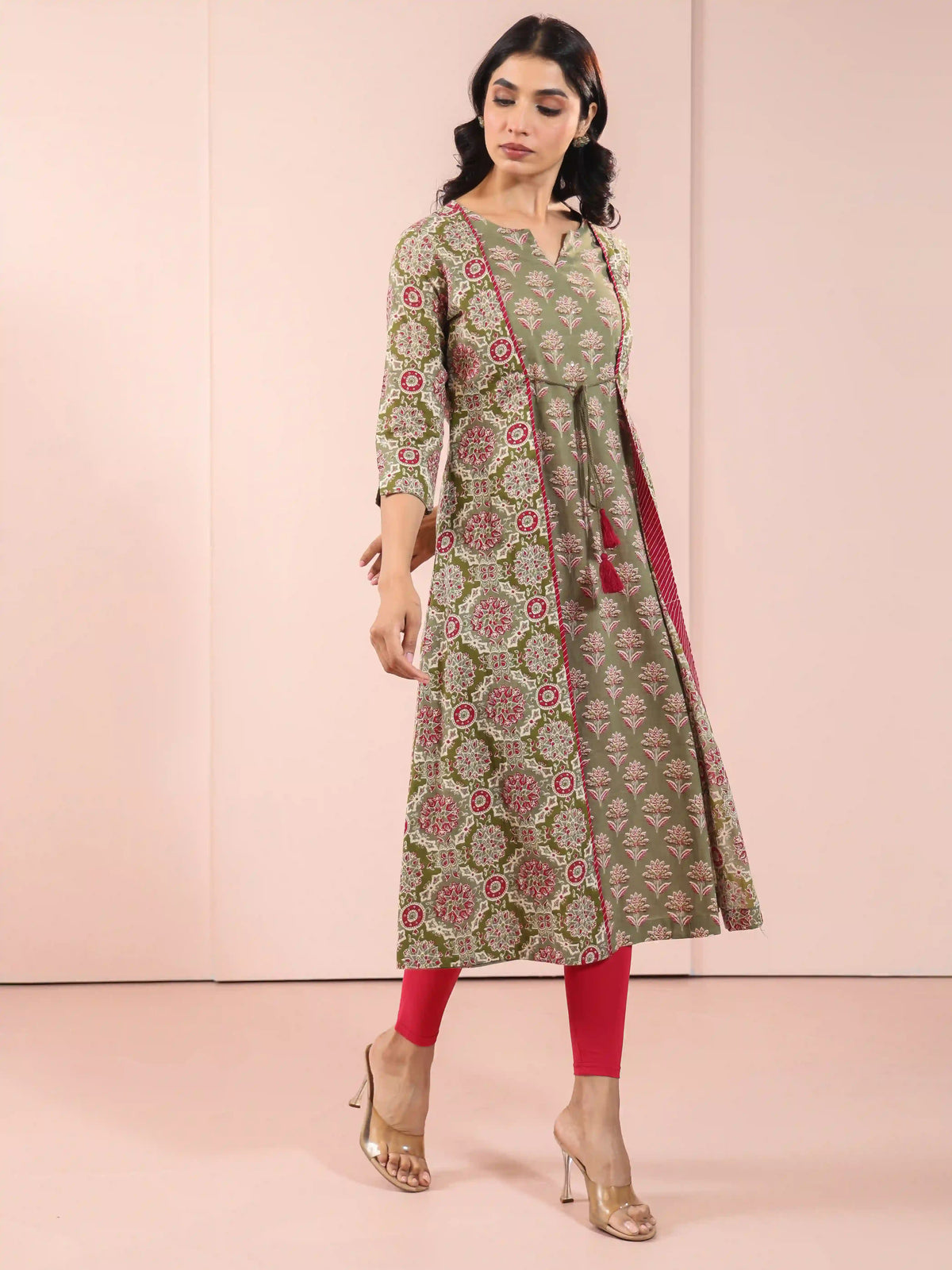 MUL COTTON AJRAK PRINTED SHRUG LOOK KURTI EMBELLISHED WITH ADDA WORK CRAFT