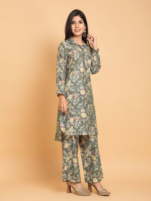 FLORAL PRINTED 2PC CO-ORD SET DETAILED WITH ADDA WORK CRAFT BUTTONS