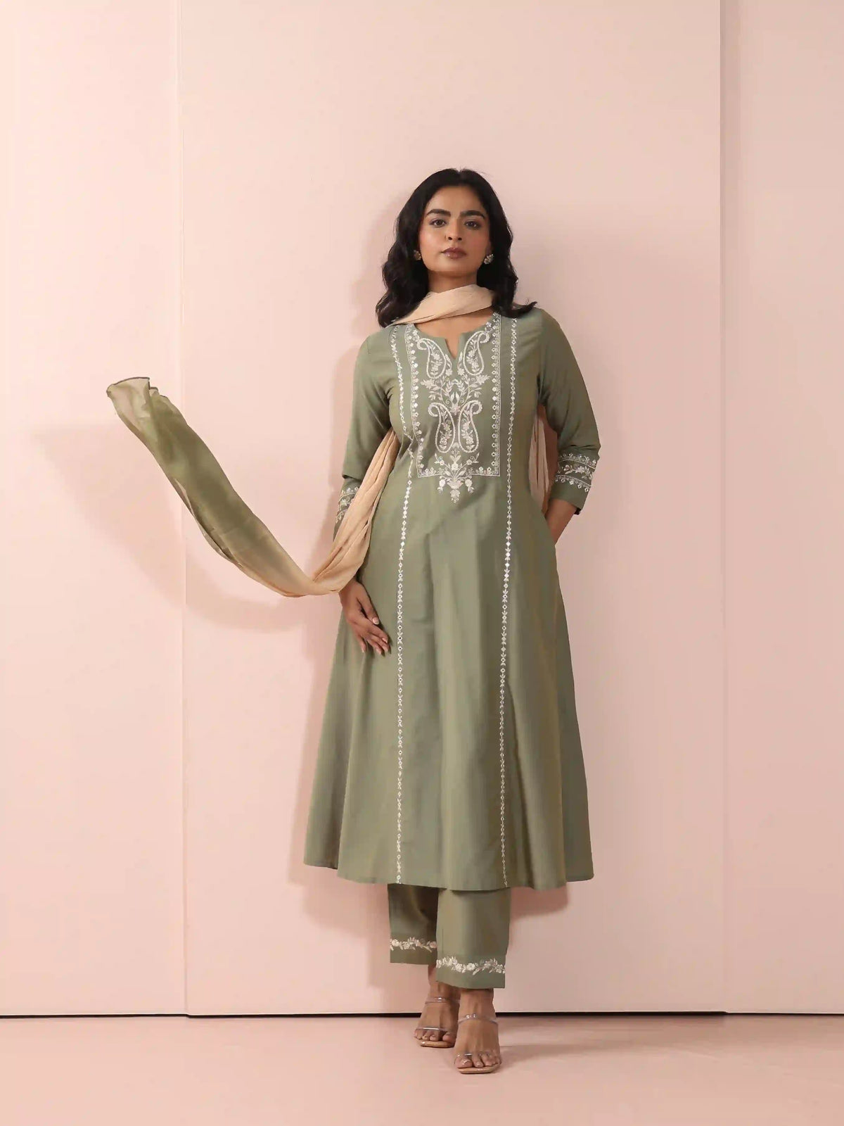 MIRROR EMBROIDERED 3PC FLAIRED KURTA SET PAIRED WITH CHIFON OMBREY DUPATTA