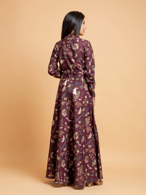 KALAMKARI PRINTED FLAIRED DRESS EMBELLISHED WITH ADDA WORK