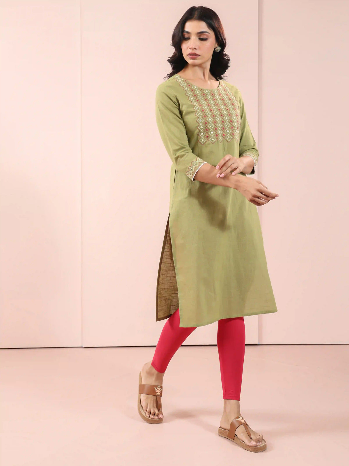 Women Woodbine knee-length-mirror-embroidered-kurti