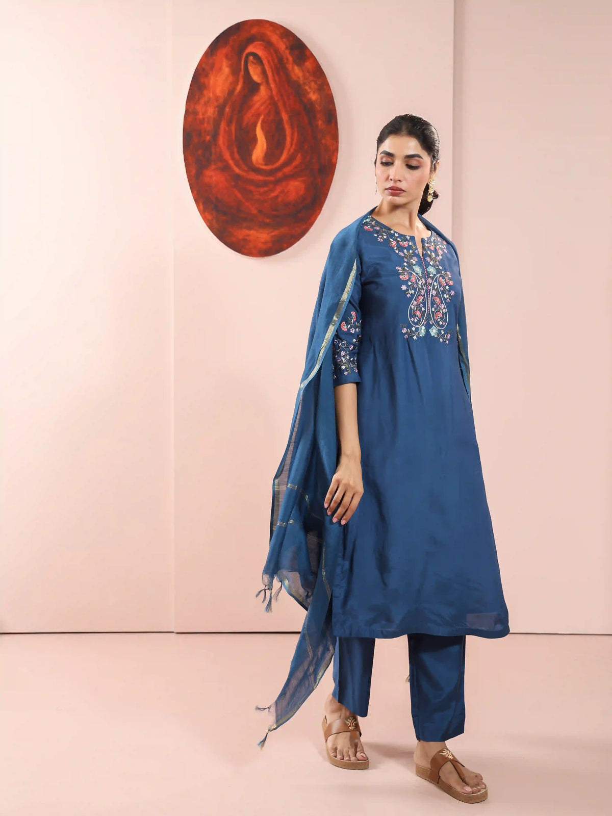 Muslin Silk 3PCS Kurta Pant Set with Embroidery