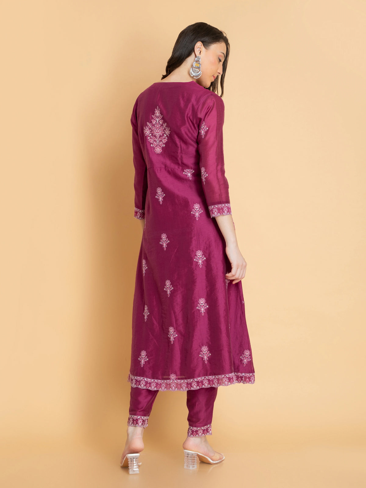 CHIKANKARI EMBROIDERED CHANDERI 3PC ANGRAKHA SET EMBELLISHED WITH DORI LATKAN