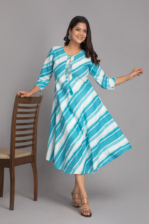 Lehariya Print Flared Kurti Dress with Hand Embellished Zari Placket