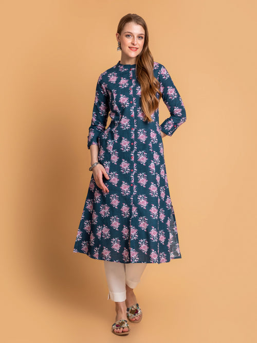 FLORAL PRINTED A-LINE KURTI EMBELLISHED WITH BUTTON DETAILS