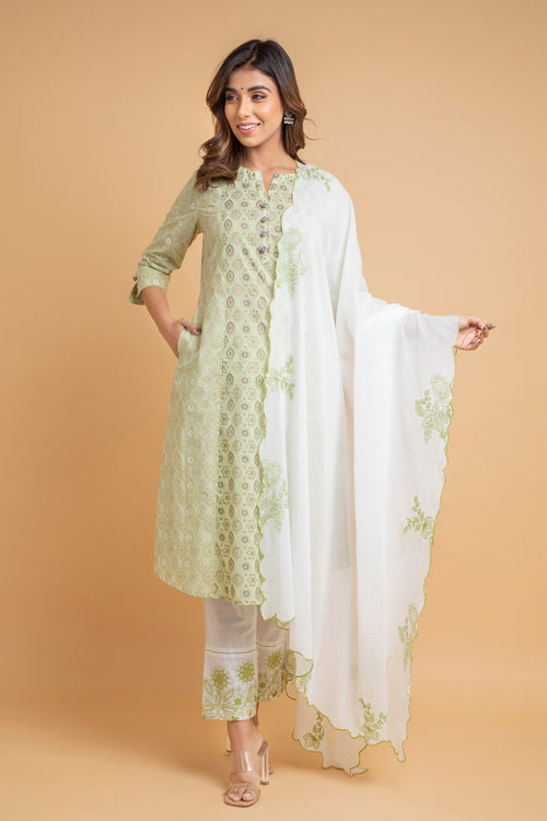 Printed 3Pc Kurta Set with Straight Pants & Embroidered Dupatta