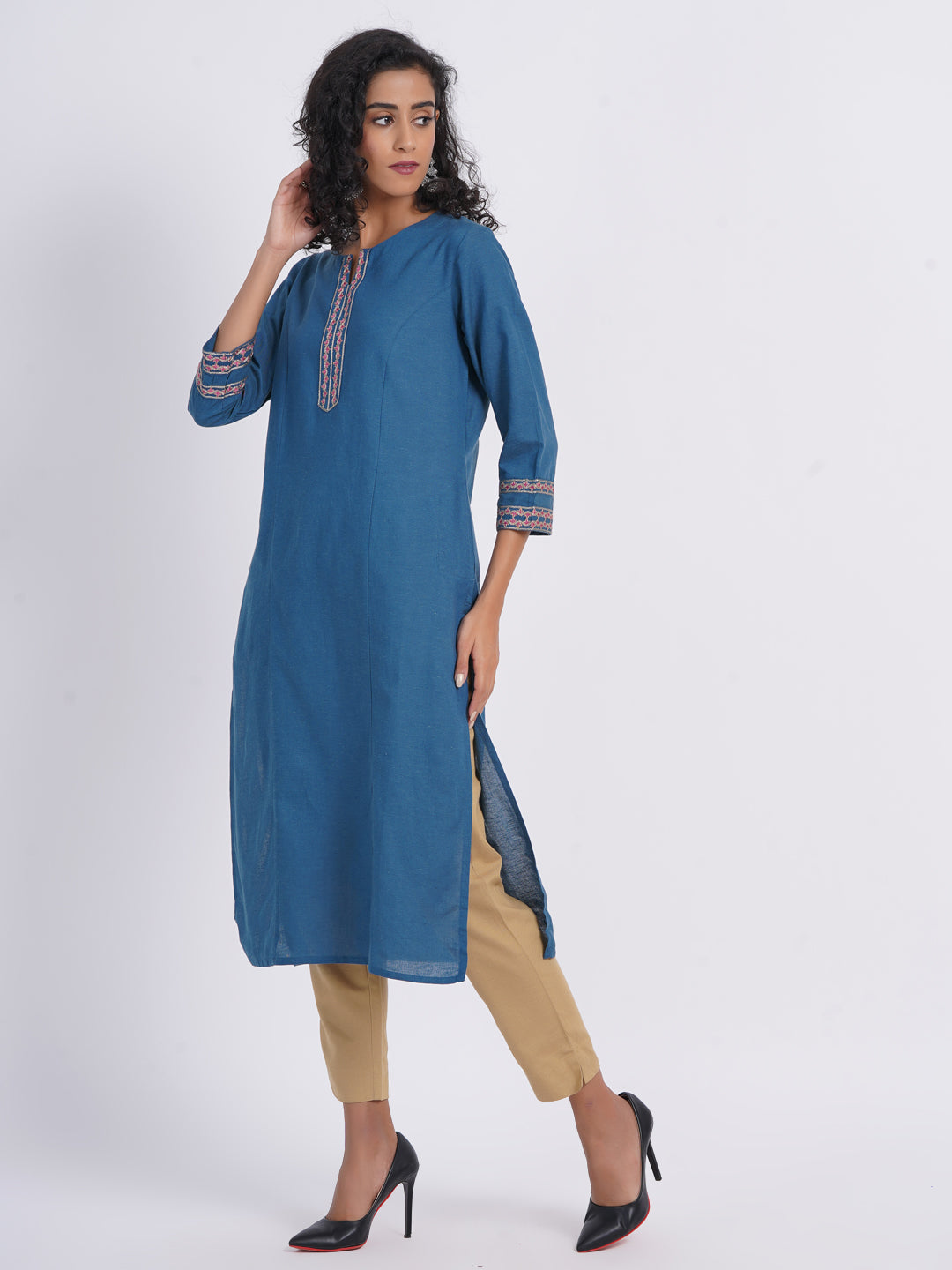 Rayon Linen Blend Princess Kali Kurti with Contrast Embroidery