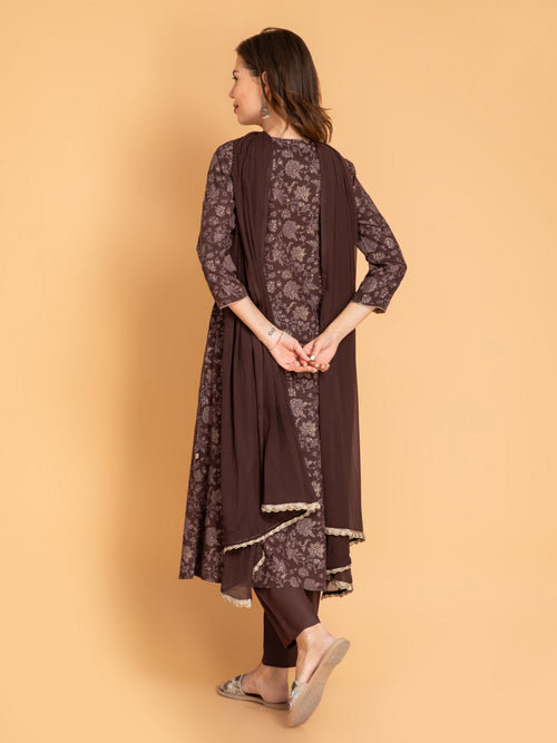 A-Line Gold Printed 3-Piece Kurta Set with Zari Embroidery