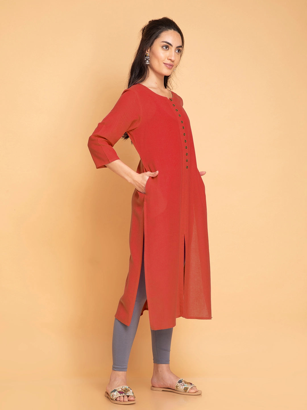 Linen Blend Long Kurti with Metal Buttons