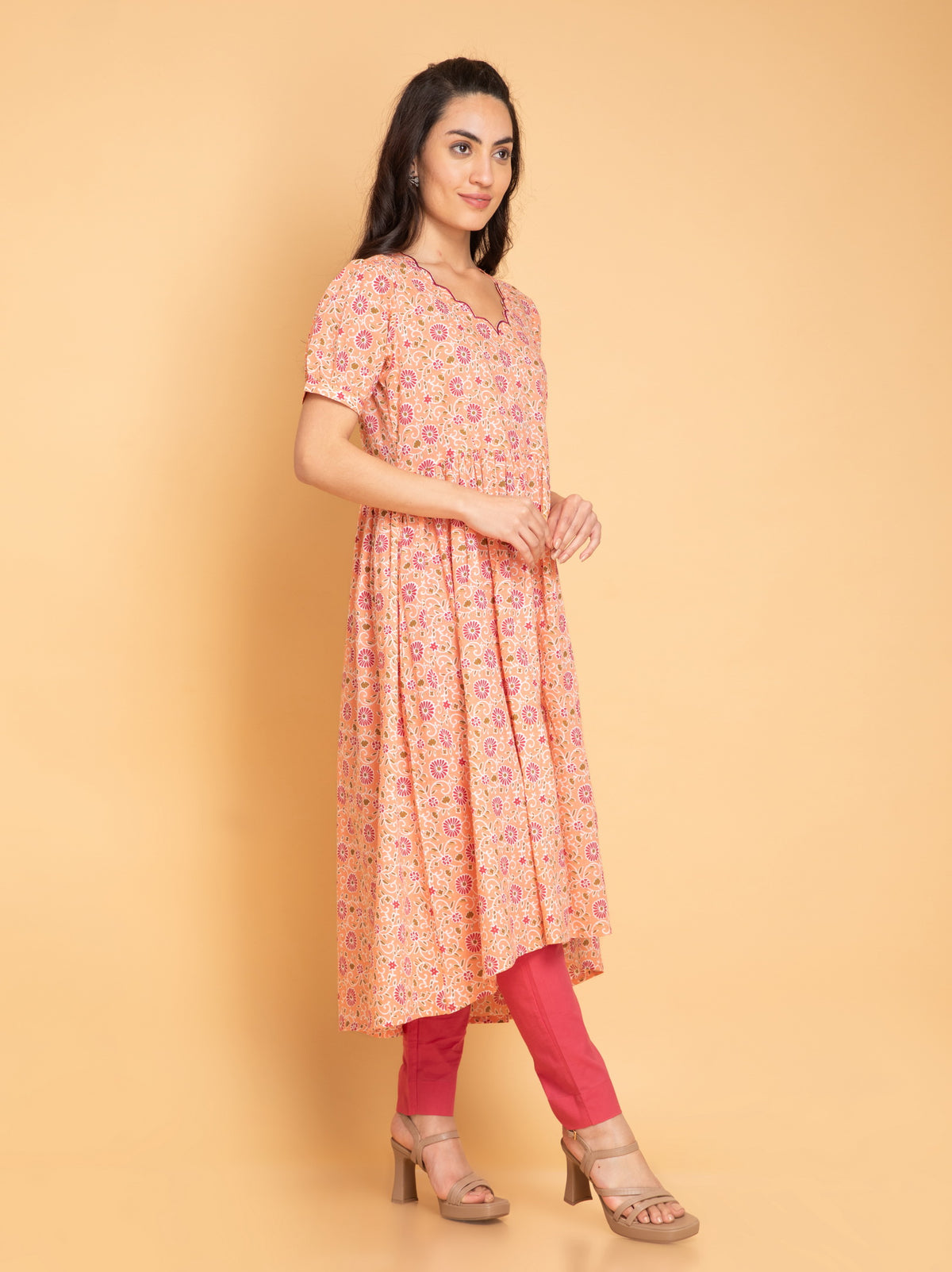 Mul Cotton Floral Printed High-Low 2 Pc Kurta Set