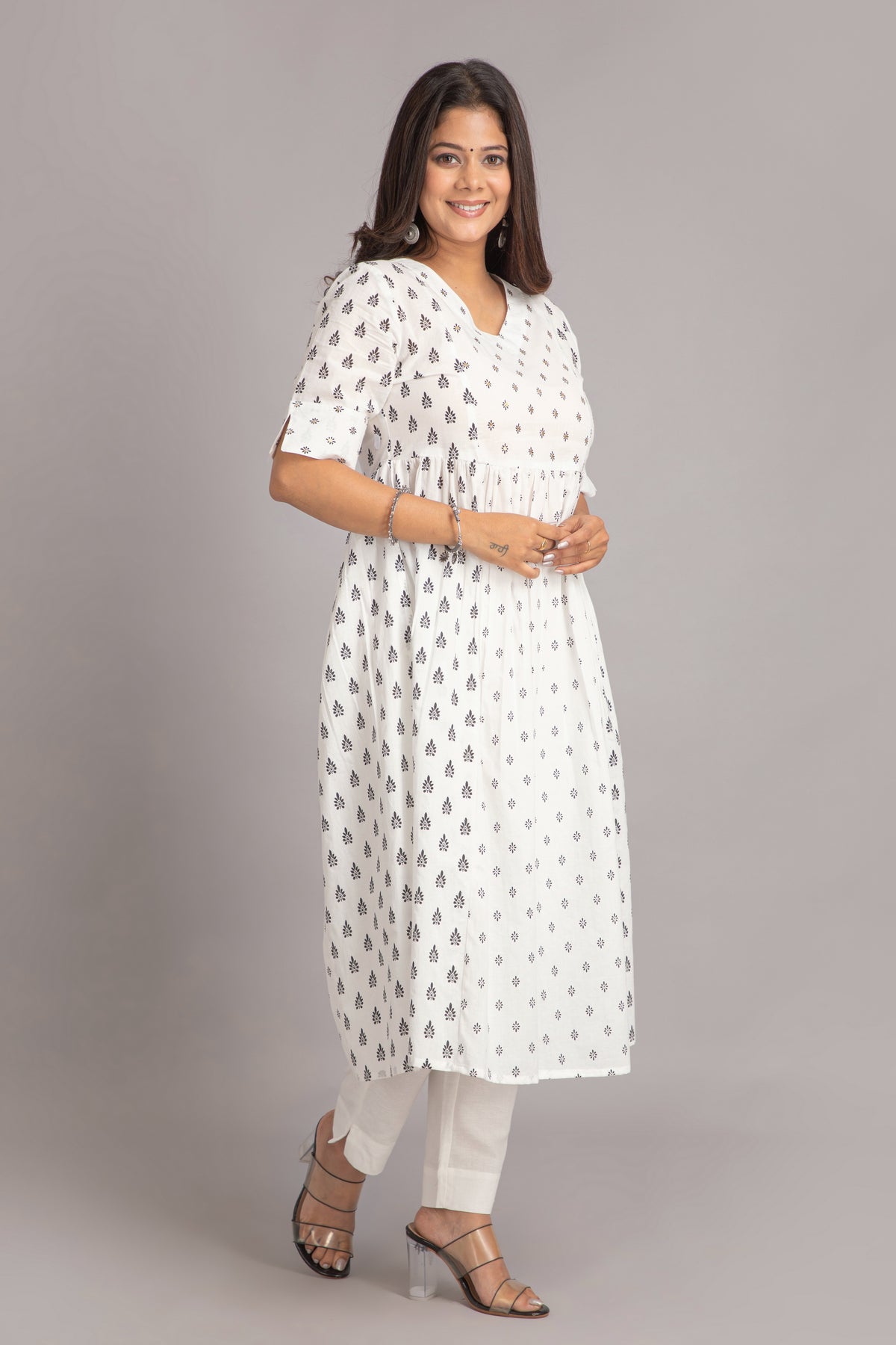 Mul Cotton Printed Flared Long Kurti with Sequin Detail