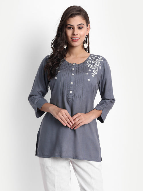 Rayon Embroidered Top With Pintuck Detail