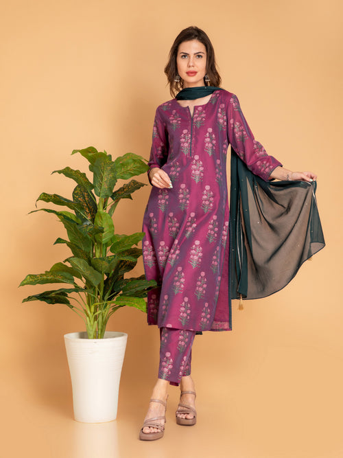 CHANDERI SILK PRINTED 3PCS KURTA PANT SET EMBELISSHED WITH HANDWORK DETAILS