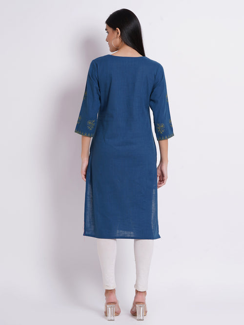 Cotton Slub Embroidered Long Kurti