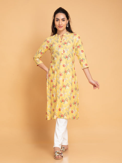 Floral Printed Placket Long Kurta