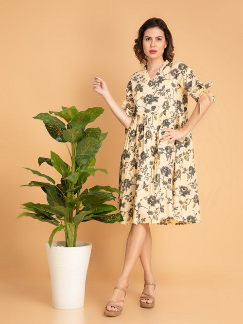 Floral Gold Print Mul Cotton Dress