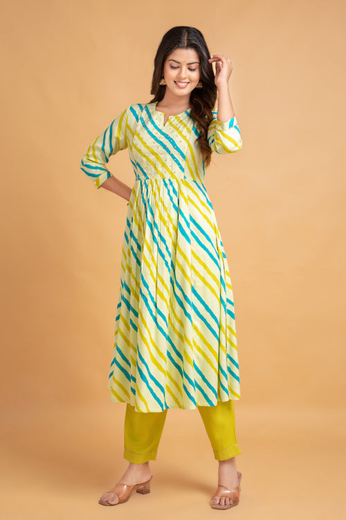 Lehariya Printed Flared Long Kurti with Pant