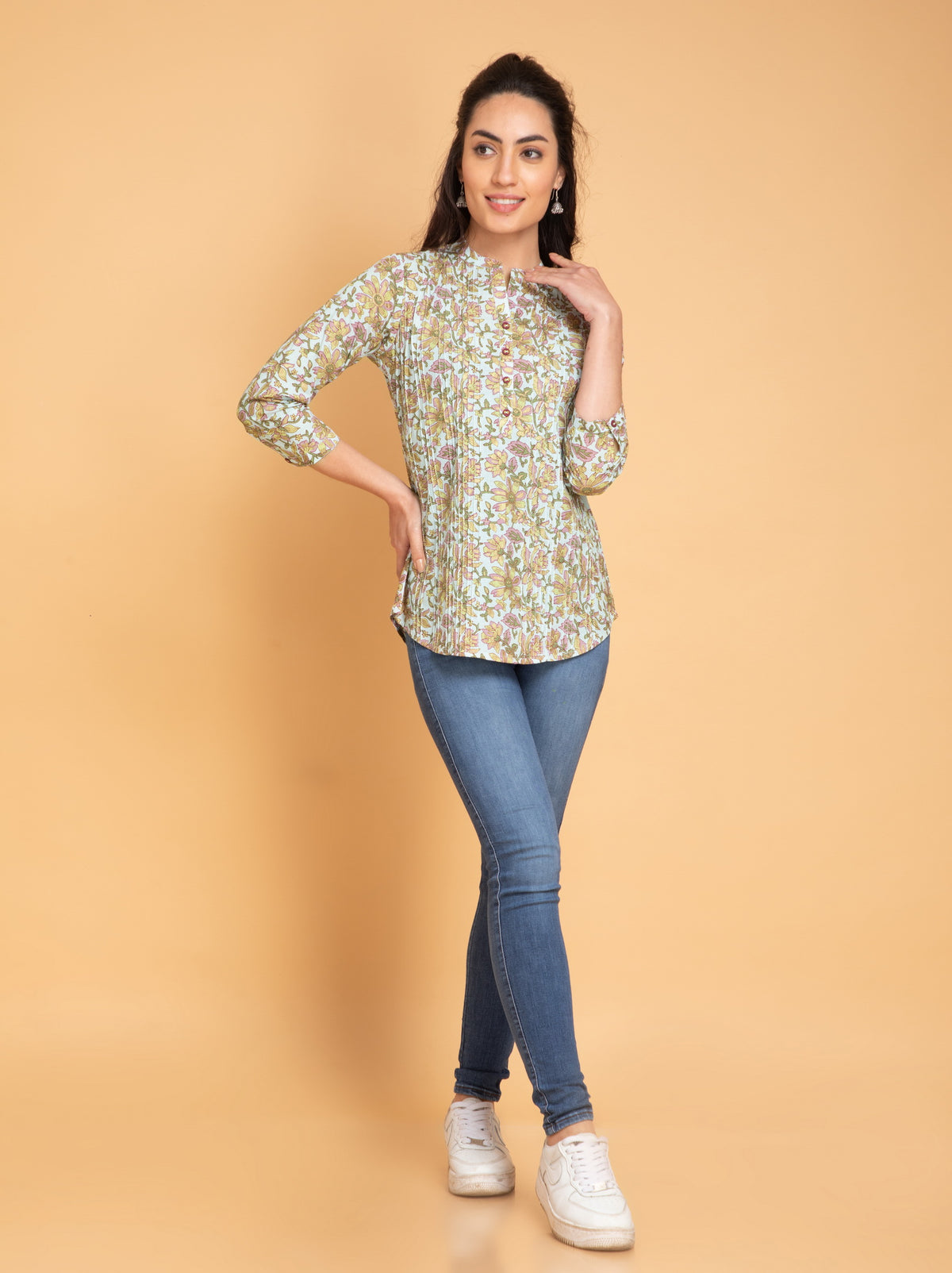 Mul Cotton Floral Printed Short Top with Pintuck Details