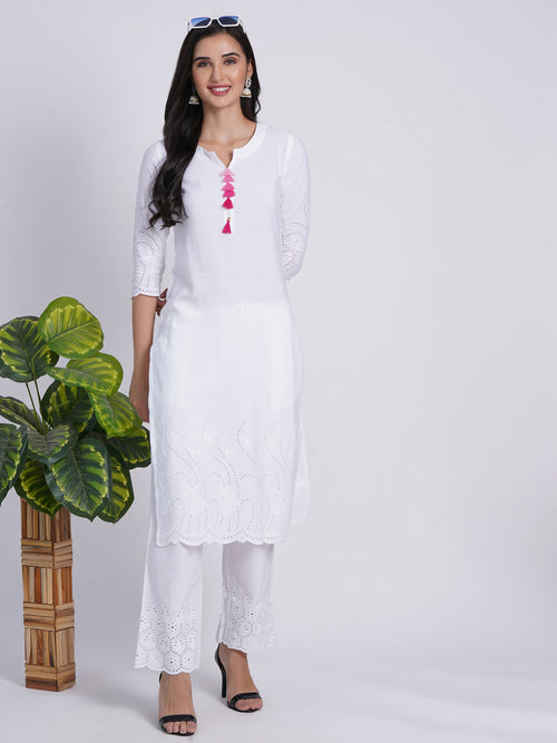 Rayon Linen Long Kurti With Schiffli Embroidery