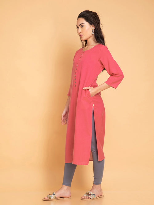 Linen Blend Long Kurti with Metal Buttons