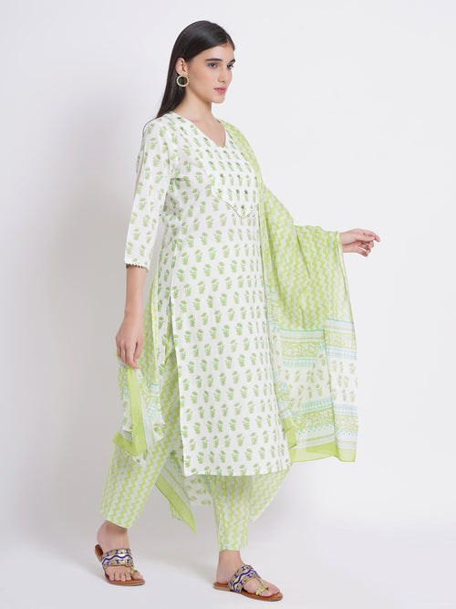 Hand Printed 3-Piece Kurta Set with Sequined Mirror Work