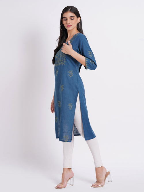 Cotton Slub Embroidered Long Kurti